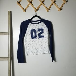 NWT NO BOUNDARIES WOMEN'S BLUE AND CREAM LONG SLEEVE SHIRT WITH NUMBER SIZE MED